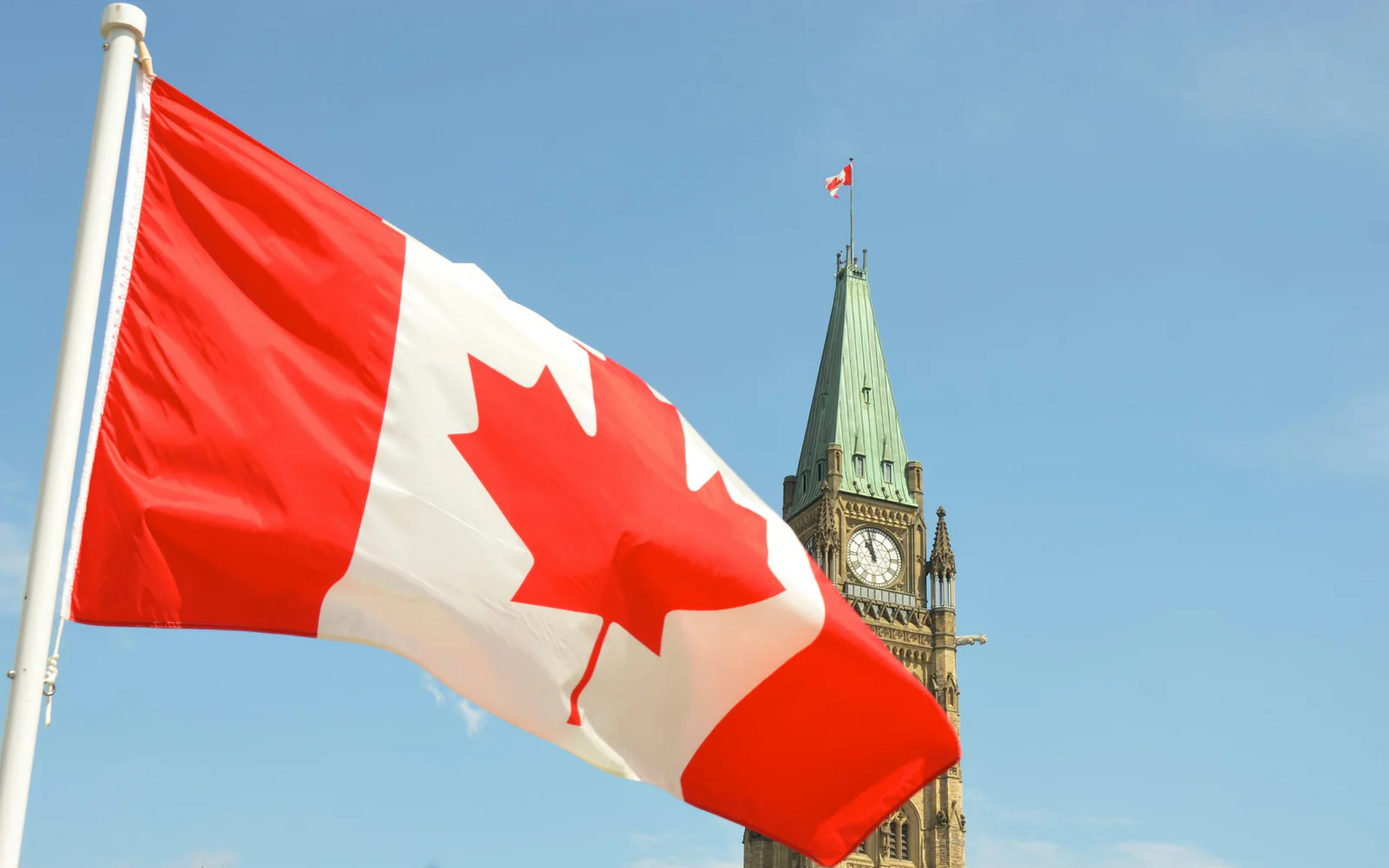 Canadian flag flying in the sunlight